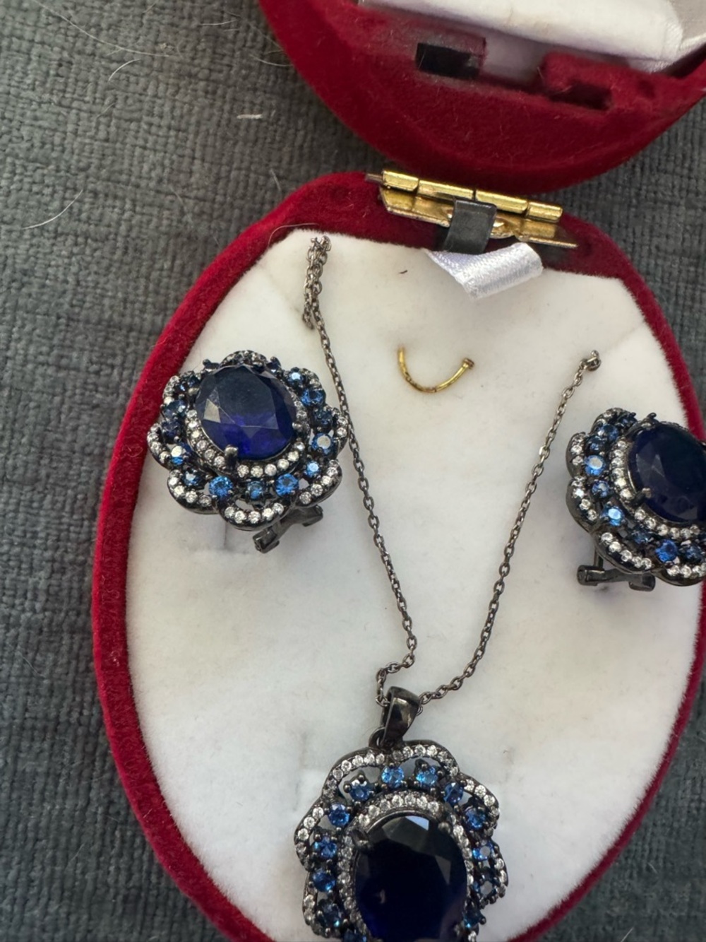 Blue Crystal Floral Pendant Necklace and Clip-On Earrings Set - Picture 3 of 4